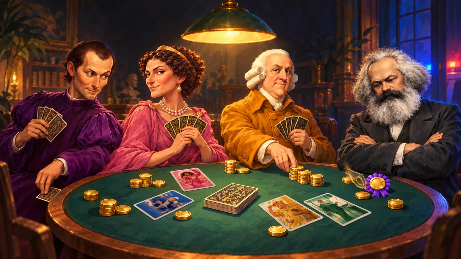 Personagens históricos sentados em volta de uma mesa de cartas